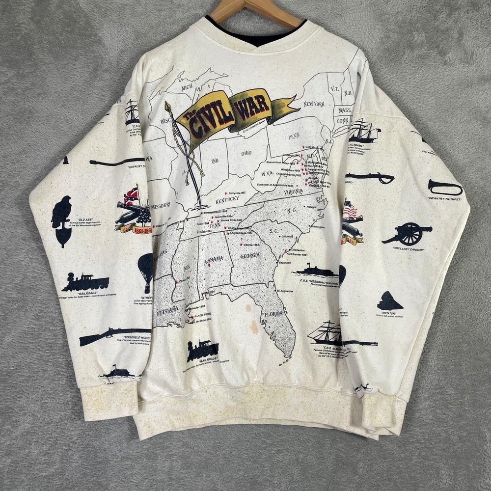 Art Unlimited Civil War Sweatshirt Mens Large White All Over Print Map Vintage